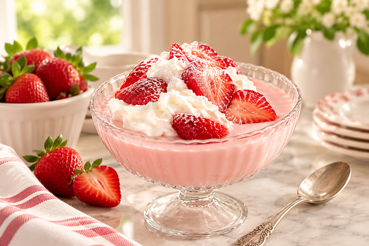 Junket Custard with Strawberries & Whipped Cream